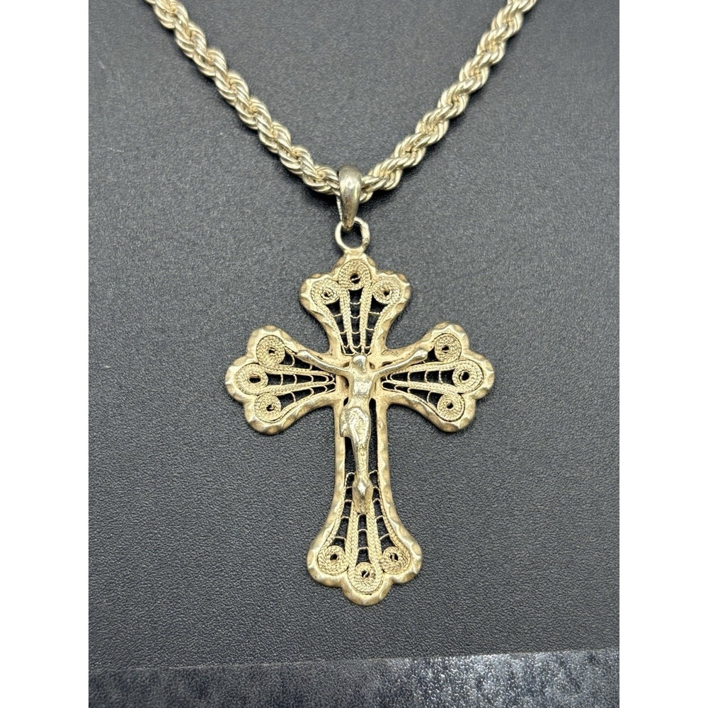 20" Vintage Sterling Silver Crucifix Cross Rope Chain Necklace 20 Grams E6